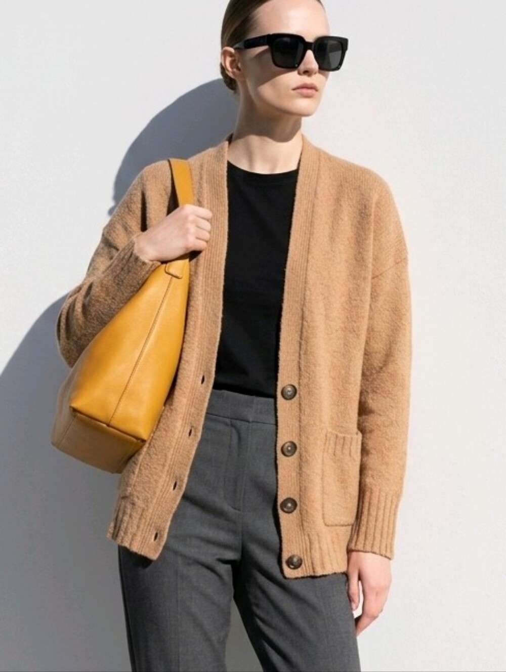 Frame Denim Women's Tan Button-Front Wool/Silk/Cashmere Cardigan Sweater